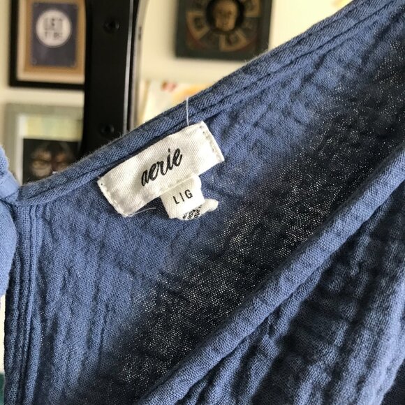 AERIE size L Blue Gauzy Cotton Tiered Peasant Mini Dress Boho Bohemian - Picture 4 of 4